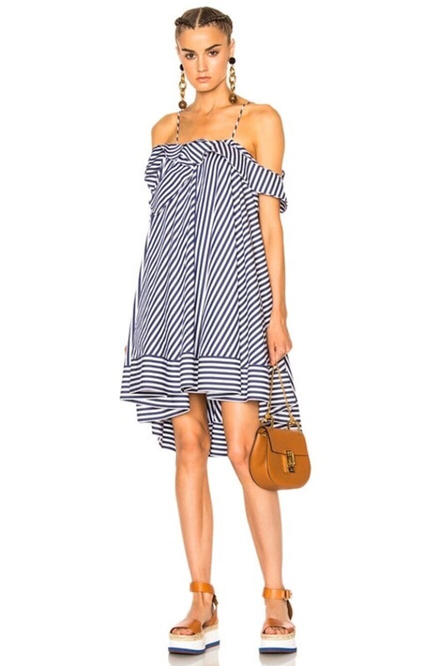 MSGM Blue Striped Cotton Cold Shoulder Lined Square Neckline Dress Size 38